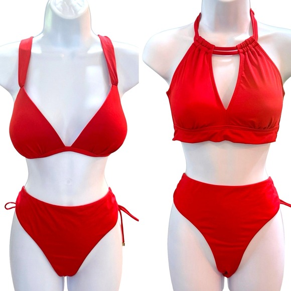 NWOT Gibson Latimer Red Swimsuit Bikini Set Two Top Bundle Tie Side Bottoms XL - Picture 1 of 11
